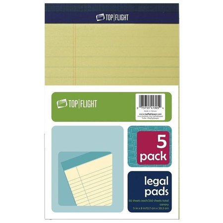 TOP FLIGHT 81055 Legal Pad, 8 in L x 5 in W Sheet, 50Sheet, Canary Yellow Sheet 4513090